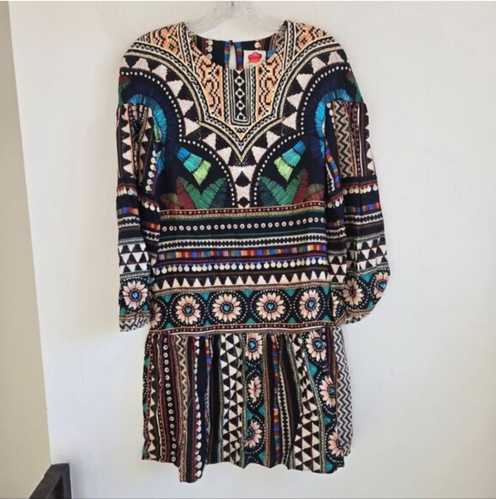 Anthropologie XXS Women's Farm Rio Carlotta Print Short Tunic Long Sleeve Dress